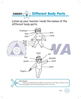 Lesson
               2           Different Body Parts

Listen as your teacher reads the names of the
different body parts.

      forehead
                                                         neck
              eyes
              nose                                        chest


          thigh
           knee
             leg

                                                          feet

                                   head
                                                       ear
             hair
                                                        shoulder
            mouth                                            hand


                                                         waist

       ﬁngers




     Dear Parents,
           Help your child identify the different parts of his or her body. Tell him or her
     that most people have the same body parts as he or she has.



                                                                           Self       11
 