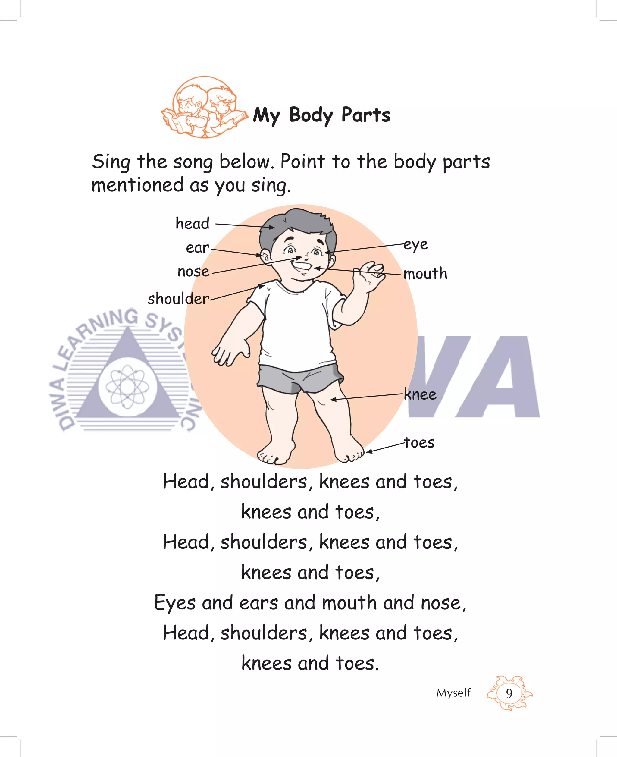 My Body Parts

Sing the song below. Point to the body parts
mentioned as you sing.
         head
          ear                      eye
         nose                      mouth
      shoulder




                                   knee


                                   toes

       Head, shoulders, knees and toes,
                 knees and toes,
       Head, shoulders, knees and toes,
                 knees and toes,
      Eyes and ears and mouth and nose,
       Head, shoulders, knees and toes,
                 knees and toes.
                                          Myself   9
 