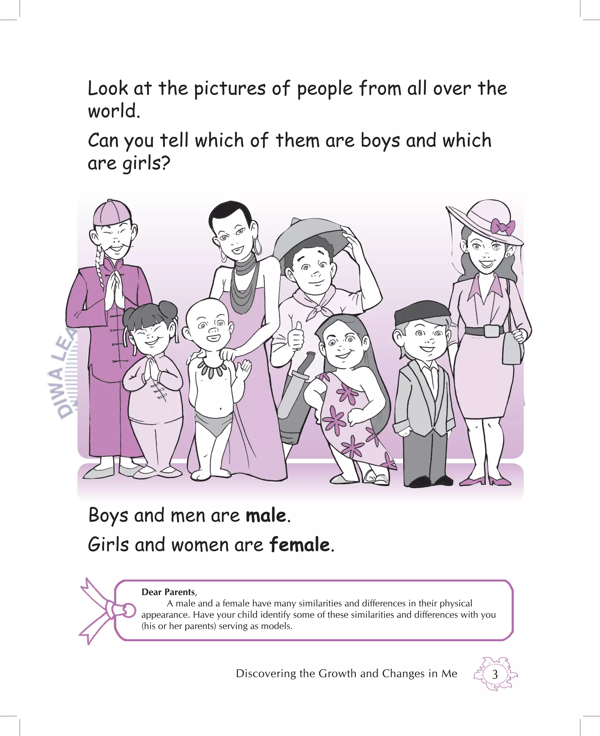 Look at the pictures of people from all over the
world.
Can you tell which of them are boys and which
are girls?




Boys and men are male.
Girls and women are female.

      Dear Parents,
             A male and a female have many similarities and differences in their physical
      appearance. Have your child identify some of these similarities and differences with you
      (his or her parents) serving as models.




                             Discovering the Growth and Changes in Me                       3
 