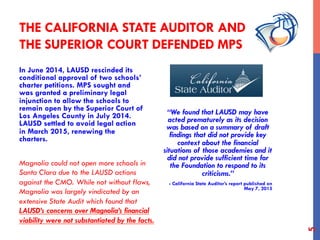 THE CALIFORNIA STATE AUDITOR AND
THE SUPERIOR COURT DEFENDED MPS
In June 2014, LAUSD rescinded its
conditional approval of two schools’
charter petitions. MPS sought and
was granted a preliminary legal
injunction to allow the schools to
remain open by the Superior Court of
Los Angeles County in July 2014.
LAUSD settled to avoid legal action
in March 2015, renewing the
charters.
“We found that LAUSD may have
acted prematurely as its decision
was based on a summary of draft
findings that did not provide key
context about the financial
situations of those academies and it
did not provide sufficient time for
the Foundation to respond to its
criticisms.”
- California State Auditor’s report published on
May 7, 2015
Magnolia could not open more schools in
Santa Clara due to the LAUSD actions
against the CMO. While not without flaws,
Magnolia was largely vindicated by an
extensive State Audit which found that
LAUSD’s concerns over Magnolia’s financial
viability were not substantiated by the facts.
5
 