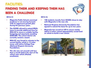 FACILITIES:
FINDING THEM AND KEEPING THEM HAS
BEEN A CHALLENGE
2014-15
•  Magnolia Public Schools exercised
prudence in not moving forward
with an aggressive growth plan
during the previous years.
•  The SCUSD refused to extend MSA’s
lease to provide additional time for
MSA-SC to secure a suitable facility,
foregoing rent payments exceding
$500,000. The school district site
currently remains vacant.
•  MSA-SC was forced to relocate to the
current facility which is 13 miles
away with Latino College Prep
(National Hispanic University
Foundation).
•  The site was not secured until less
than a month before the start of the
school year which effected
enrollment.
2015-16
•  100 students (mostly from SCUSD) chose to stay
with Magnolia in the new site.
•  National Hispanic University Foundation has
agreed to extend the lease for up to two years.
•  Magnolia has issued an LOI to secure nearby
(about 3 miles) vacant appropriately zoned land
on which to build a new school.
7
 