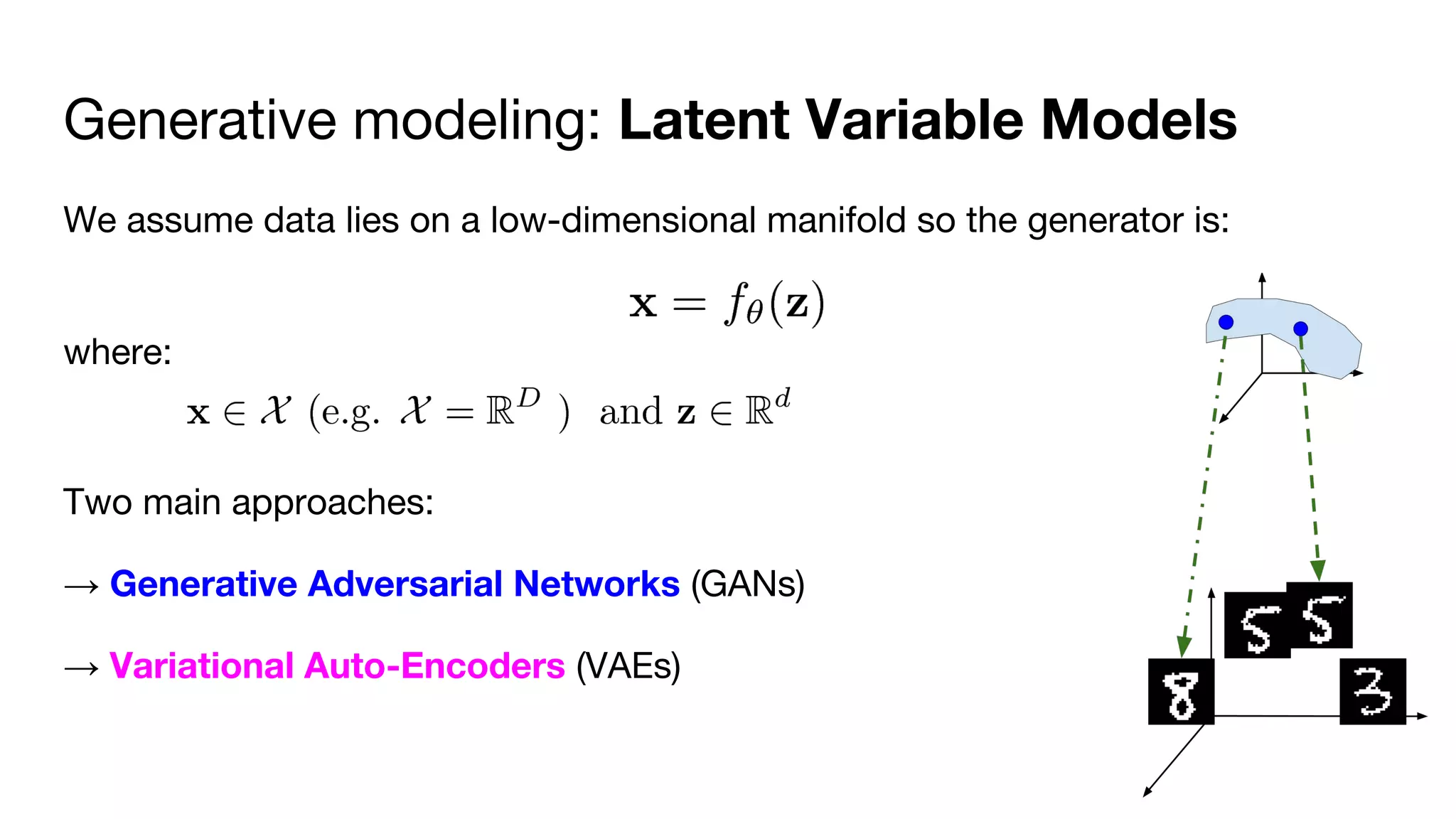 Generative modeling: Latent Variable Models
We assume data lies on a low-dimensional manifold so the generator is:
where:
Two main approaches:
→ Generative Adversarial Networks (GANs)
→ Variational Auto-Encoders (VAEs)
 
