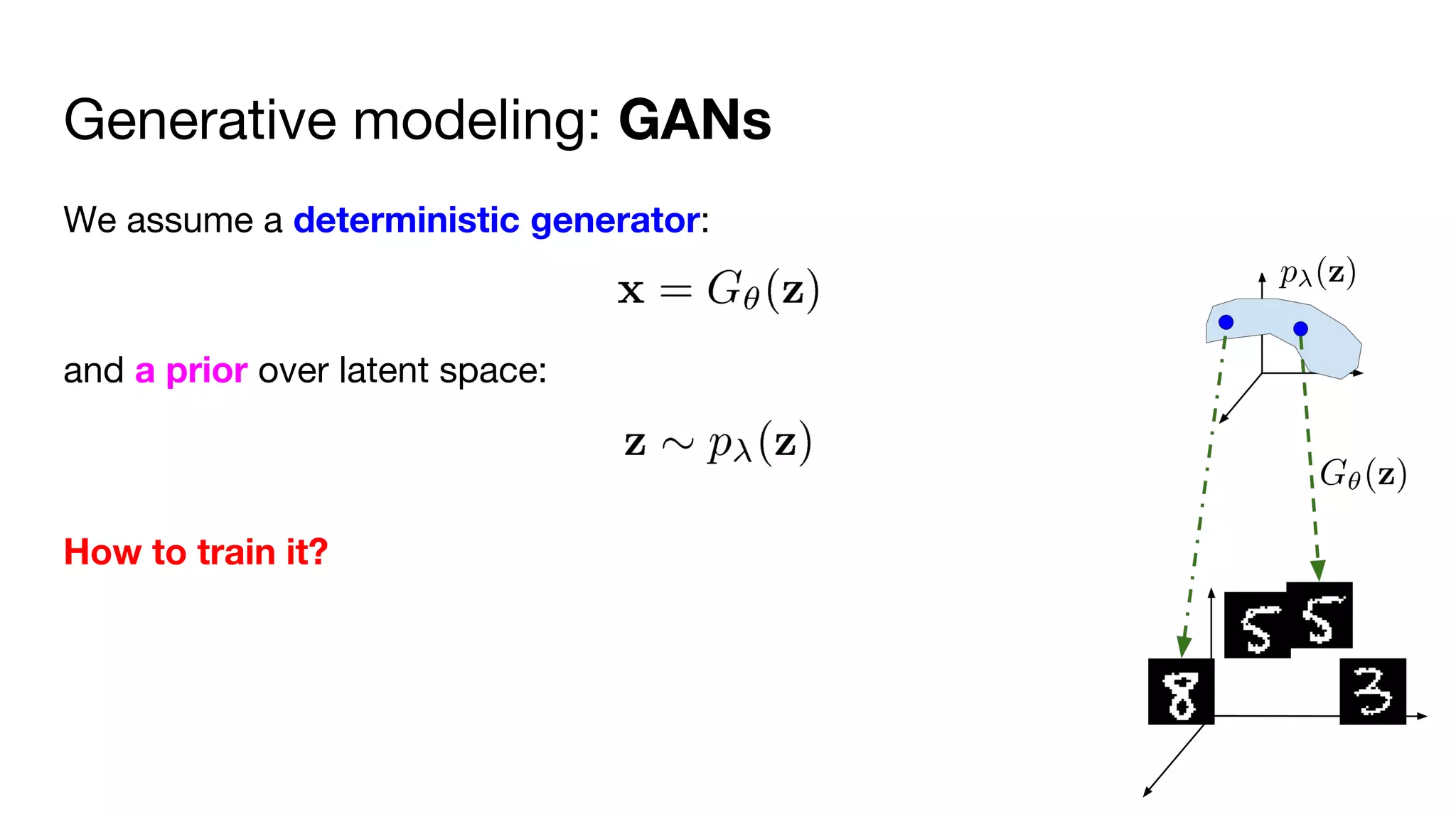 Generative modeling: GANs
We assume a deterministic generator:
and a prior over latent space:
How to train it?
 