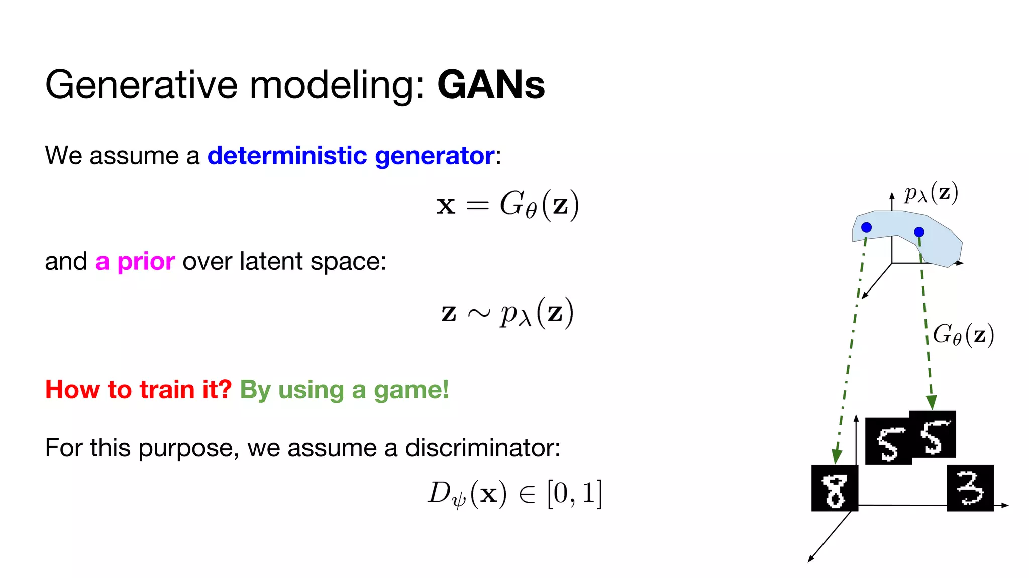 Generative modeling: GANs
We assume a deterministic generator:
and a prior over latent space:
How to train it? By using a game!
For this purpose, we assume a discriminator:
 