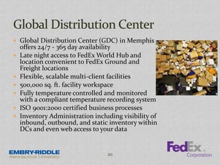  Global Distribution Center (GDC) in Memphis
offers 24/7 - 365 day availability
 Late night access to FedEx World Hub and
location convenient to FedEx Ground and
Freight locations
 Flexible, scalable multi-client facilities
 500,000 sq. ft. facility workspace
 Fully temperature controlled and monitored
with a compliant temperature recording system
 ISO 9001:2000 certified business processes
 Inventory Administration including visibility of
inbound, outbound, and static inventory within
DCs and even web access to your data
20
 