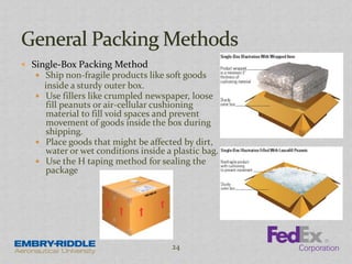  Single-Box Packing Method
 Ship non-fragile products like soft goods
inside a sturdy outer box.
 Use fillers like crumpled newspaper, loose
fill peanuts or air-cellular cushioning
material to fill void spaces and prevent
movement of goods inside the box during
shipping.
 Place goods that might be affected by dirt,
water or wet conditions inside a plastic bag.
 Use the H taping method for sealing the
package
24
 