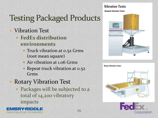  Vibration Test
 FedEx distribution
environments
 Truck vibration at 0.52 Grms
(root mean square)
 Air vibration at 1.06 Grms
 Repeat truck vibration at 0.52
Grms
 Rotary Vibration Test
 Packages will be subjected to a
total of 14,200 vibratory
impacts
29
 