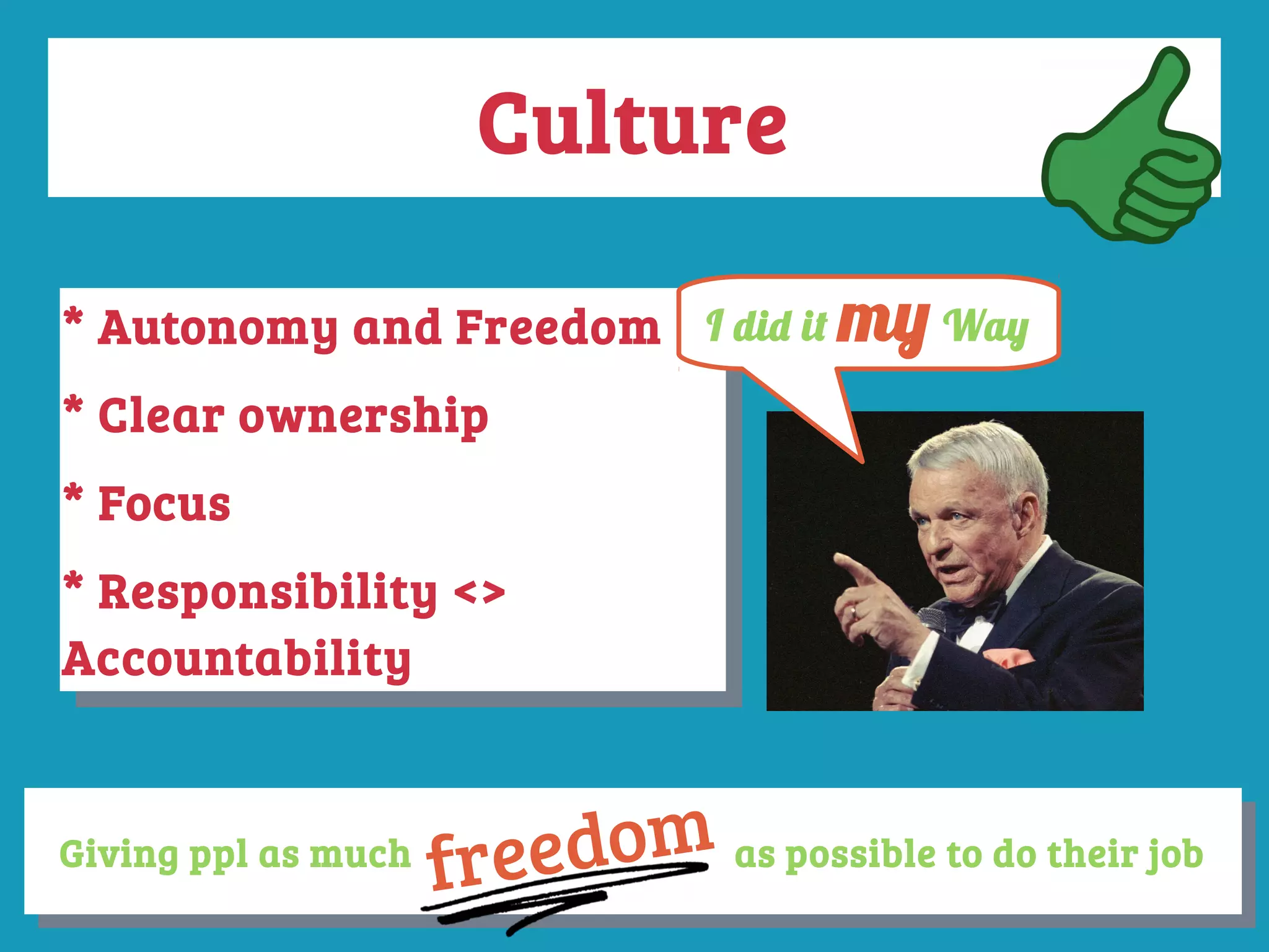 Culture
* Autonomy and Freedom
* Clear ownership
* Focus
* Responsibility <>
Accountability
* Autonomy and Freedom
* Clear ownership
* Focus
* Responsibility <>
Accountability
I did it my Way
Giving ppl as much as possible to do their jobGiving ppl as much as possible to do their job
freedom
 