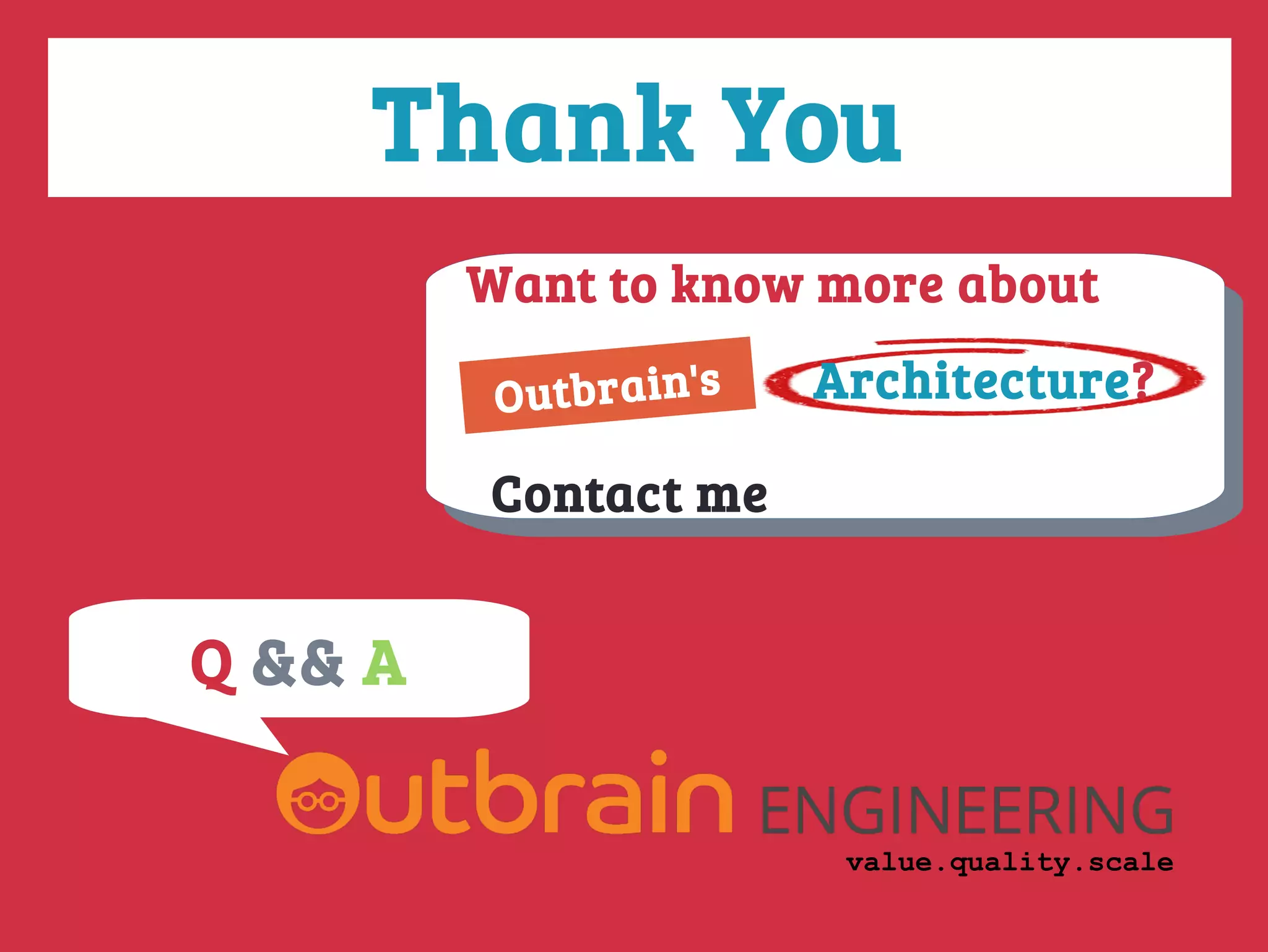 Thank You
Q && A
value.quality.scale
Want to know more about
Contact me
Want to know more about
Contact me
Outbrain's Architecture?
 