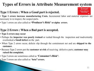 Type 1 Errors : When a Good part is rejected.
• Type 1 errors increase manufacturing Costs. Incremental labor and material expenses are
necessary to re-inspect, the suspect parts.
• Type 1 errors are also called as “Producer’s Risk” or alpha errors.
Type 2 Errors : When a Bad part is accepted.
• Type 2 errors may occur
• Perhaps the inspector was poorly trained or rushed through the inspection and inadvertently
overlooked a Small defect on the part.
• When Type 2 errors occur, defects slip through the containment net and are shipped to the
customer.
• Because Type 2 errors put the customer at risk of receiving defective parts; customer may
raised the complaint.
• Type 2 errors are sometimes called as “Consumer’s Risk”.
• Type 2 errors are also called as “beta” errors.
Types of Errors in Attribute Measurement system
11
 