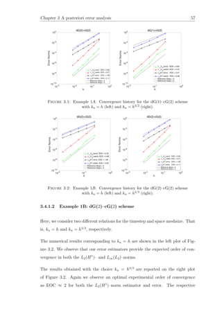 Chapter 3 A posteriori error analysis 57
Figure 3.1: Example 1A. Convergence history for the dG(1)–cG(2) scheme
with kn = h (left) and kn = h3/2 (right).
Figure 3.2: Example 1B. Convergence history for the dG(2)–cG(2) scheme
with kn = h (left) and kn = h4/3 (right).
3.4.1.2 Example 1B: dG(2)–cG(2) scheme
Here, we consider two diﬀerent relations for the timestep and space meshsize. That
is, kn = h and kn = h4/3
, respectively.
The numerical results corresponding to kn = h are shown in the left plot of Fig-
ure 3.2. We observe that our error estimators provide the expected order of con-
vergence in both the L2(H1
)– and L∞(L2)–norms.
The results obtained with the choice kn = h4/3
are reported on the right plot
of Figure 3.2. Again we observe an optimal experimental order of convergence
as EOC ≈ 2 for both the L2(H1
)–norm estimator and error. The respective
 