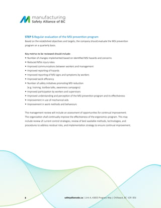 STEP 5 Regular evaluation of the MSI prevention program
Based on the established objectives and targets, the company should evaluate the MSI prevention
program on a quarterly basis.
Key metrics to be reviewed should include:
• Number of changes implemented based on identified MSI hazards and concerns
• Reduced MSIs injury rates
• Improved communications between workers and management
• Improved reporting of hazards
• Improved reporting of MSI signs and symptoms by workers
• Improved work efficiency
• Number of safety initiatives promoting MSI reduction
(e.g. training, toolbox talks, awareness campaigns)
• Improved participation by workers and supervisors
• Improved understanding and perception of the MSI prevention program and its effectiveness
• Improvement in use of mechanical aids
• Improvement in work methods and behaviours
The management review will include an assessment of opportunities for continual improvement.
The organization shall continually improve the effectiveness of the ergonomics program. This may
include review of current control strategies, review of best available methods, technologies, and
procedures to address residual risks, and implementation strategy to ensure continual improvement.
8 safetyalliancebc.ca | Unit A, 43833 Progress Way | Chilliwack, BC V2R 0E6
 