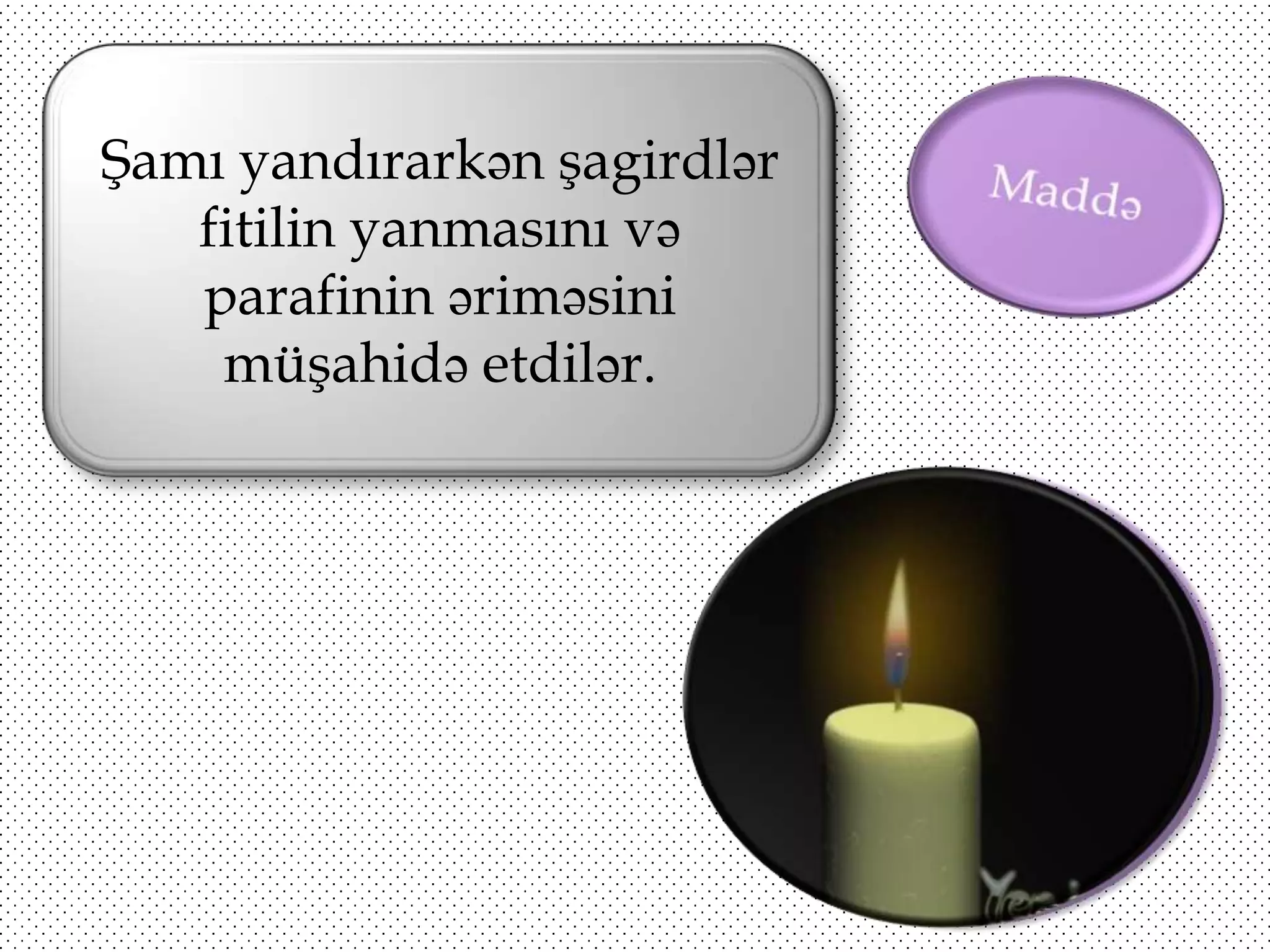 Şamı yandırarkən şagirdlər
fitilin yanmasını və
parafinin əriməsini
müşahidə etdilər.

 