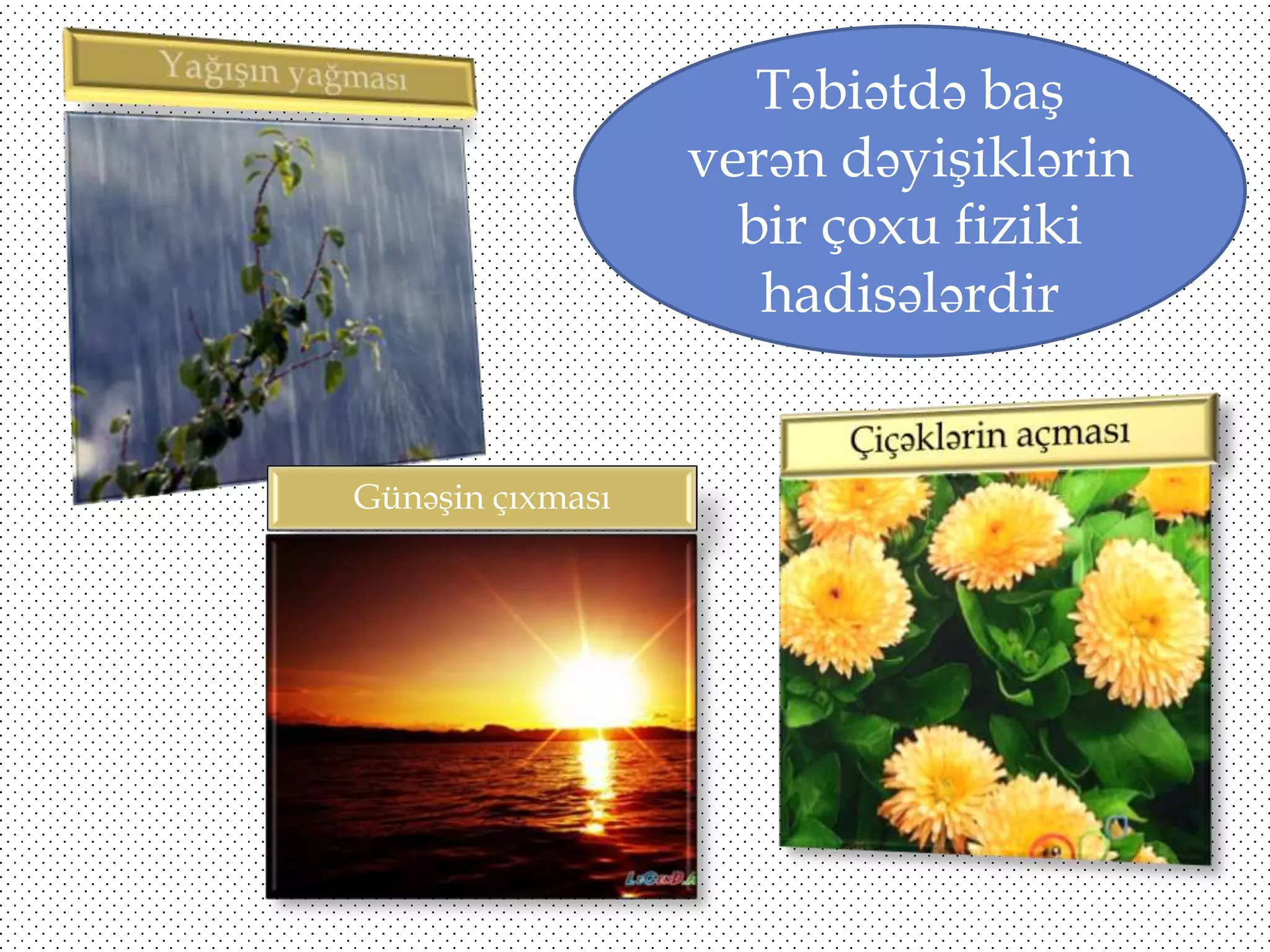 Təbiətdə baş
verən dəyişiklərin
bir çoxu fiziki
hadisələrdir

Günəşin çıxması

 