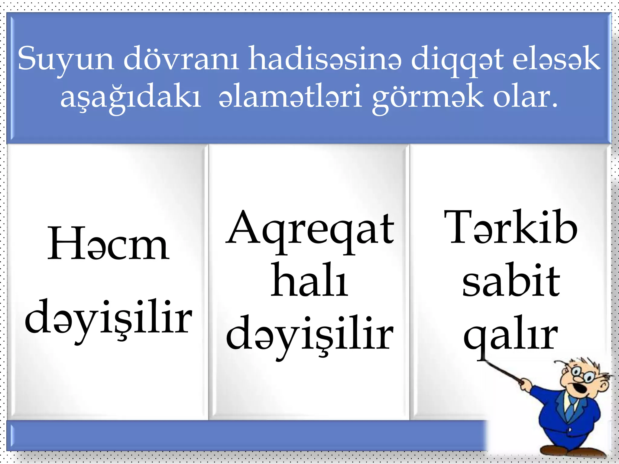 Suyun dövranı hadisəsinə diqqət eləsək
aşağıdakı əlamətləri görmək olar.

Aqreqat
Həcm
halı
dəyişilir dəyişilir

Tərkib
sabit
qalır

 