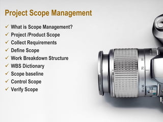 • Let’s define the activities to
create the work packages
• Let’s sequence the activities
• Let’s estimate how much time it
will take to complete the project
• Let’s develop the schedule, get
it reviewed and baseline
• But hey, Things changed! Let’s
see how we can control the
schedule
 