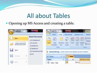 All about Tables
 Opening up MS Access and creating a table.
 