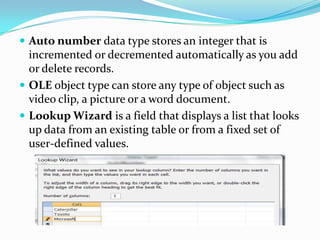  Auto number data type stores an integer that is
  incremented or decremented automatically as you add
  or delete record...