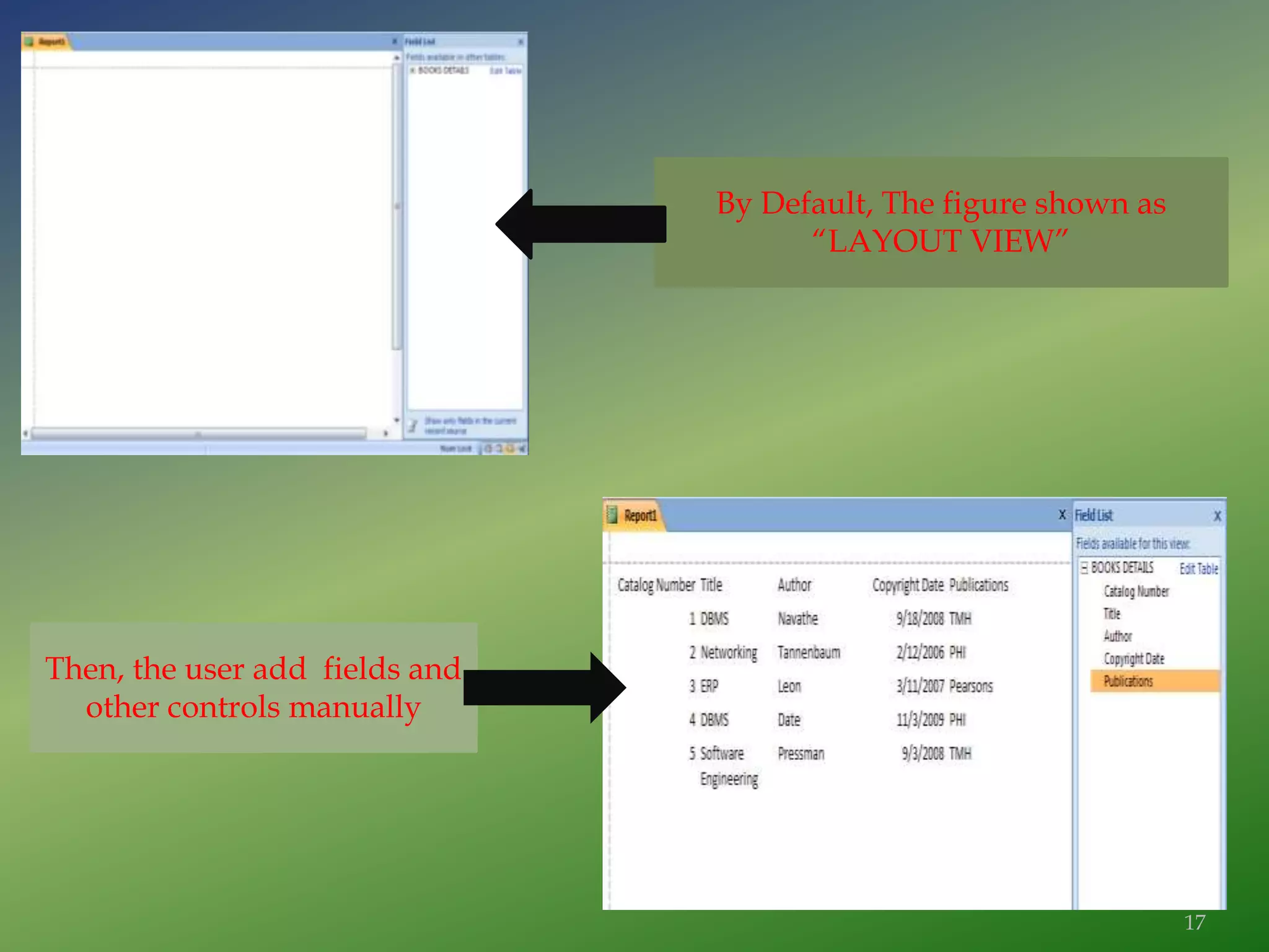 By Default, The figure shown as
“LAYOUT VIEW”
Then, the user add fields and
other controls manually
17
 
