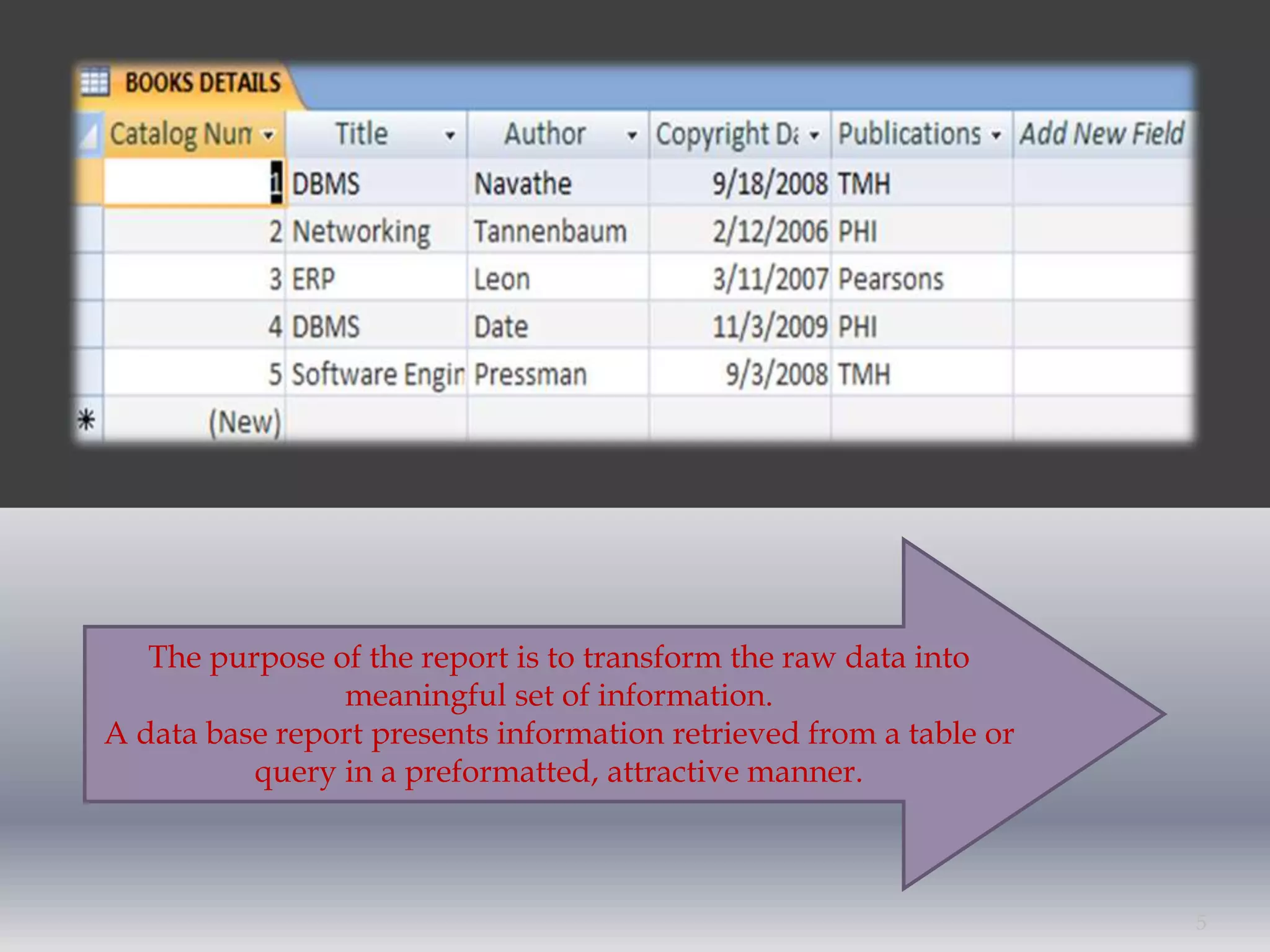 The purpose of the report is to transform the raw data into
meaningful set of information.
A data base report presents information retrieved from a table or
query in a preformatted, attractive manner.
5
 
