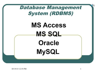 05/19/15 12:55 PM 1
Database Management
System (RDBMS)
MS Access
MS SQL
Oracle
MySQL
 