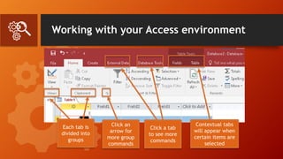 Working with your Access environment
Each tab is
divided into
groups
Click an
arrow for
more group
commands
Click a tab
to see more
commands
Contextual tabs
will appear when
certain items are
selected
 