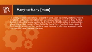Many-to-Many [m:m]
• In a many-to-many relationship, a record in table A can have many matching records
in Table B, and a record in Table B can have many matching records in Table A. This
type of relationship is only possible by defining a third table (called a junction table)
whose primary key consists of two fields-the foreign keys from both tables A and B.
For Example, a customer can purchase more than one product and a product can be
purchased by more than one customer.
 