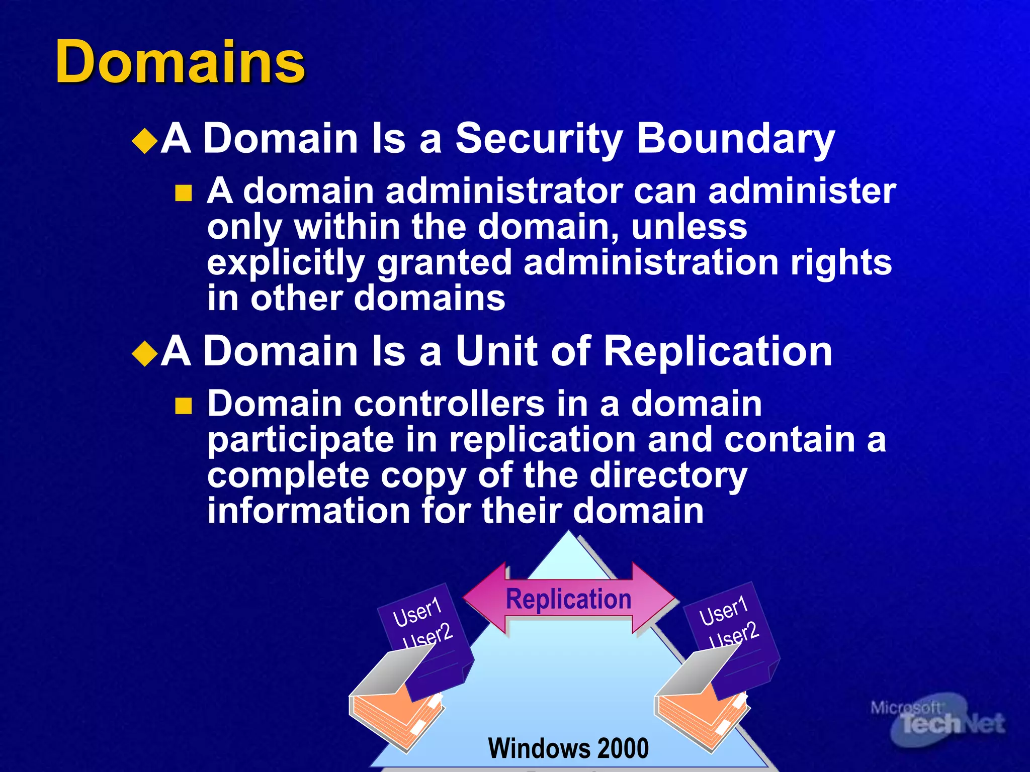 Domains
A Domain Is a Security Boundary
 A domain administrator can administer
only within the domain, unless
explicitly granted administration rights
in other domains
A Domain Is a Unit of Replication
 Domain controllers in a domain
participate in replication and contain a
complete copy of the directory
information for their domain
Windows 2000
Replication
 