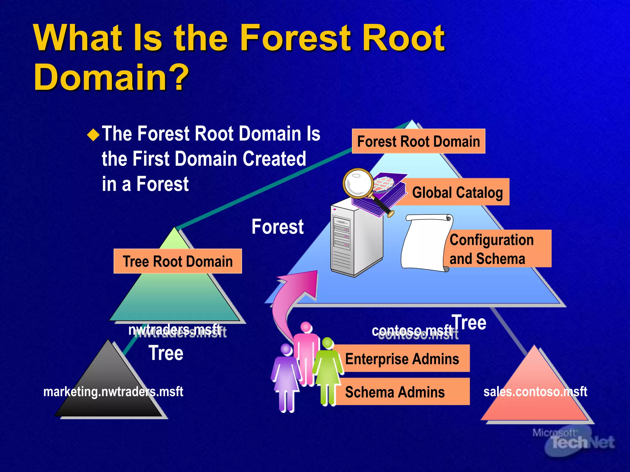 What Is the Forest Root
Domain?
The Forest Root Domain Is
the First Domain Created
in a Forest
contoso.msft
Forest
Forest Root Domain
nwtraders.msft
Tree
Tree Root Domain
Global Catalog
Configuration
and Schema
Enterprise Admins
Schema Admins
marketing.nwtraders.msft sales.contoso.msft
Tree
 