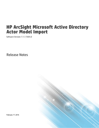 HP ArcSight Microsoft Active Directory
Actor Model Import
Software Version: 7.1.7.7605.0
Release Notes
February 17, 2016
 