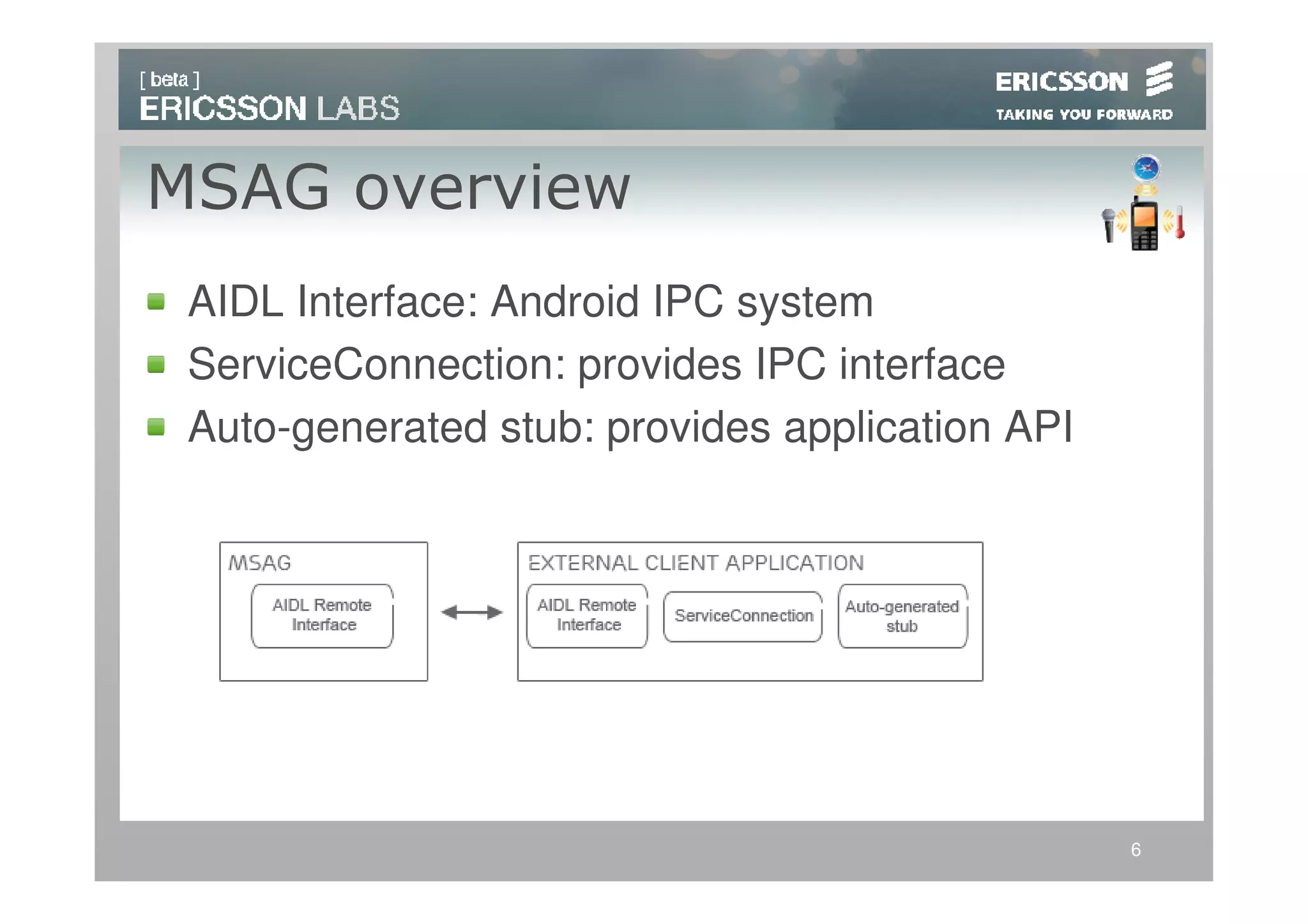 MSAG overview
 AIDL Interface: Android IPC system
 ServiceConnection: provides IPC interface
 Auto-generated stub: provides application API




                                                 6
 