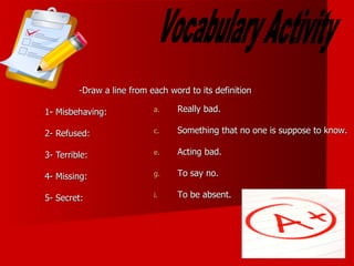 -Draw a line from each word to its definition 1- Misbehaving:  2- Refused: 3- Terrible: 4- Missing: 5- Secret: Vocabulary Activity Really bad. Something that no one is suppose to know. Acting bad.  To say no. To be absent. 