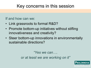 Key concerns in this sessionIf and how can we:Link grassroots to formal R&D?Promote bottom-up initiatives without stifling innovativeness and creativity?Steer bottom-up innovations in environmentally sustainable directions?“Yes we can…. or at least we are working on it”
