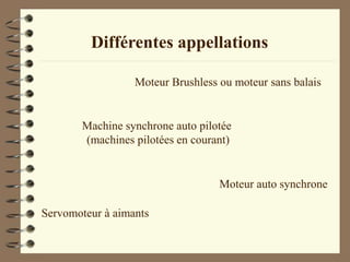 Différentes appellations
Machine synchrone auto pilotée
(machines pilotées en courant)
Moteur Brushless ou moteur sans balais
Servomoteur à aimants
Moteur auto synchrone
 