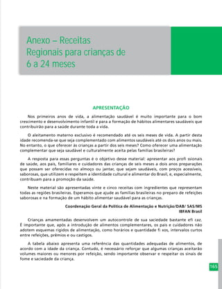 165
Anexo – Receitas
Regionais para crianças de
6 a 24 meses
APRESENTAÇÃO
Nos primeiros anos de vida, a alimentação saudável é muito importante para o bom
crescimento e desenvolvimento infantil e para a formação de hábitos alimentares saudáveis que
contribuirão para a saúde durante toda a vida.
O aleitamento materno exclusivo é recomendado até os seis meses de vida. A partir desta
idade recomenda-se que seja complementado com alimentos saudáveis até os dois anos ou mais.
No entanto, o que oferecer às crianças a partir dos seis meses? Como oferecer uma alimentação
complementar que seja saudável e culturalmente aceita pelas famílias brasileiras?
A resposta para essas perguntas é o objetivo desse material: apresentar aos profi ssionais
de saúde, aos pais, familiares e cuidadores das crianças de seis meses a dois anos preparações
que possam ser oferecidas no almoço ou jantar, que sejam saudáveis, com preços acessíveis,
saborosas, que utilizem e respeitem a identidade cultural e alimentar do Brasil, e, especialmente,
contribuam para a promoção da saúde.
Neste material são apresentadas vinte e cinco receitas com ingredientes que representam
todas as regiões brasileiras. Esperamos que ajude as famílias brasileiras no preparo de refeições
saborosas e na formação de um hábito alimentar saudável para as crianças.
Coordenação Geral da Política de Alimentação e Nutrição/DAB/ SAS/MS
IBFAN Brasil
Crianças amamentadas desenvolvem um autocontrole de sua saciedade bastante efi caz.
É importante que, após a introdução de alimentos complementares, os pais e cuidadores não
adotem esquemas rígidos de alimentação, como horários e quantidade fi xos, intervalos curtos
entre refeições, prêmios e ou castigos.
A tabela abaixo apresenta uma referência das quantidades adequadas de alimentos, de
acordo com a idade da criança. Contudo, é necessário reforçar que algumas crianças aceitarão
volumes maiores ou menores por refeição, sendo importante observar e respeitar os sinais de
fome e saciedade da criança.
 