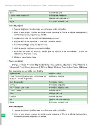 170
Ministério da Saúde | Secretaria de Atenção à Saúde | Departamento de Atenção Básica
Óleo 1 colher de café
Cheiro verde picadinho 1 colher de sobremesa
Sal 1 colher de café nivelada
Água 2 xícaras e meia de chá
Modo de preparo
1.	 Separar todos os ingredientes e utensílios que serão utilizados;
2.	 Com o fogo aceso, coloque em uma panela pequena, o óleo e a cebola. Acrescentar a
carne em pedaços pequenos ou moída;
3.	 Acrescentar o sal e a mandioca em pedaços pequenos;
4.	 Colocar 400 ml de água (2 e ½ xícaras) e tampar a panela;
5.	 Cozinhar em fogo baixo por 20 minutos;
6.	 Abrir a panela e colocar o maxixe em cubos;
7.	 Cozinhar por mais 10 minutos, sendo que no minuto fi nal acrescentar 1 colher de
sobremesa de cheiro verde;
8.	 Misturar e desligar o fogo.
Valor nutricional:
Energia: 318kcal; Proteína: 16g; Carboidrato: 48g; Lipídeos: 6,8g; Fibra: 1,4g; Vitamina A:
23,9mcgEAR; Ferro: 3,8mg; Vitamina C: 56,7mg; Cálcio: 62,48mg; Zinco: 4,9mg; Sódio: 234,46mg.
Cará e cenoura, carne, feijão com chicória
Ingredientes Medida caseira
Carne (patinho ou alcatra ou coxão mole ou
músculo - moído ou picado)
3 colheres de sopa
Cará descascado 1 unidade média
Cenoura 1 unidade pequena
Feijão cozido com caldo 3 colheres de sopa rasas
Cebola ralada 1 colher de chá
Óleo 1 colher de café
Chicória 1 colher de sopa
Sal 1 colher de café nivelada
Água 2 xícaras e meia de chá
Modo de preparo
1.	 Separar todos os ingredientes e utensílios que serão utilizados;
2.	 Com o fogo aceso, coloque em uma panela pequena, o óleo e a cebola. Acrescentar a
carne em pedaços pequenos ou moída;
continuação
 
