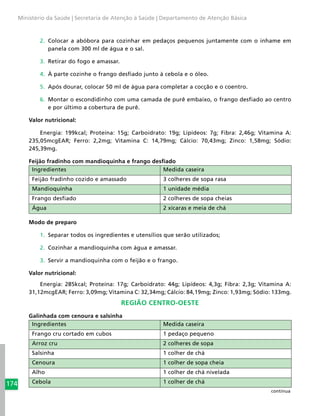 174
Ministério da Saúde | Secretaria de Atenção à Saúde | Departamento de Atenção Básica
2.	 Colocar a abóbora para cozinhar em pedaços pequenos juntamente com o inhame em
panela com 300 ml de água e o sal.
3.	 Retirar do fogo e amassar.
4.	 À parte cozinhe o frango desfiado junto à cebola e o óleo.
5.	 Após dourar, colocar 50 ml de água para completar a cocção e o coentro.
6.	 Montar o escondidinho com uma camada de purê embaixo, o frango desfiado ao centro
e por último a cobertura de purê.
Valor nutricional:
Energia: 199kcal; Proteína: 15g; Carboidrato: 19g; Lipídeos: 7g; Fibra: 2,46g; Vitamina A:
235,05mcgEAR; Ferro: 2,2mg; Vitamina C: 14,79mg; Cálcio: 70,43mg; Zinco: 1,58mg; Sódio:
245,39mg.
Feijão fradinho com mandioquinha e frango desfiado
Ingredientes Medida caseira
Feijão fradinho cozido e amassado 3 colheres de sopa rasa
Mandioquinha 1 unidade média
Frango desfiado 2 colheres de sopa cheias
Água 2 xícaras e meia de chá
Modo de preparo
1.	 Separar todos os ingredientes e utensílios que serão utilizados;
2.	 Cozinhar a mandioquinha com água e amassar.
3.	 Servir a mandioquinha com o feijão e o frango.
Valor nutricional:
Energia: 285kcal; Proteína: 17g; Carboidrato: 44g; Lipídeos: 4,3g; Fibra: 2,3g; Vitamina A:
31,12mcgEAR; Ferro: 3,09mg; Vitamina C: 32,34mg; Cálcio: 84,19mg; Zinco: 1,93mg; Sódio: 133mg.
REGIÃO CENTRO-OESTE
Galinhada com cenoura e salsinha
Ingredientes Medida caseira
Frango cru cortado em cubos 1 pedaço pequeno
Arroz cru 2 colheres de sopa
Salsinha 1 colher de chá
Cenoura 1 colher de sopa cheia
Alho 1 colher de chá nivelada
Cebola 1 colher de chá
continua
 