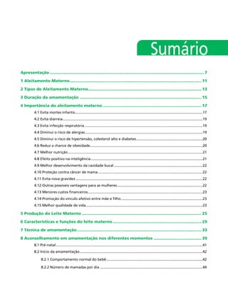 Apresentação.............................................................................................................................. 7
1 Aleitamento Materno............................................................................................................ 11
2 Tipos de Aleitamento Materno............................................................................................. 13
3 Duração da amamentação.................................................................................................... 15
4 Importância do aleitamento materno................................................................................. 17
4.1 Evita mortes infantis................................................................................................................................17
4.2 Evita diarreia............................................................................................................................................19
4.3 Evita infecção respiratória......................................................................................................................19
4.4 Diminui o risco de alergias......................................................................................................................19
4.5 Diminui o risco de hipertensão, colesterol alto e diabetes...................................................................20
4.6 Reduz a chance de obesidade.................................................................................................................20
4.7 Melhor nutrição.......................................................................................................................................21
4.8 Efeito positivo na inteligência................................................................................................................21
4.9 Melhor desenvolvimento da cavidade bucal.........................................................................................22
4.10 Proteção contra câncer de mama.........................................................................................................22
4.11 Evita nova gravidez...............................................................................................................................22
4.12 Outras possíveis vantagens para as mulheres......................................................................................22
4.13 Menores custos financeiros...................................................................................................................23
4.14 Promoção do vínculo afetivo entre mãe e filho..................................................................................23
4.15 Melhor qualidade de vida.....................................................................................................................23
5 Produção do Leite Materno.................................................................................................. 25
6 Características e funções do leite materno......................................................................... 29
7 Técnica de amamentação...................................................................................................... 33
8 Aconselhamento em amamentação nos diferentes momentos........................................ 39
8.1 Pré-natal...................................................................................................................................................41
8.2 Início da amamentação...........................................................................................................................42
8.2.1 Comportamento normal do bebê.................................................................................................42
8.2.2 Número de mamadas por dia.......................................................................................................44
 