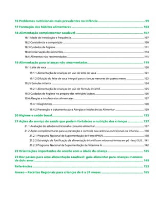 16 Problemas nutricionais mais prevalentes na infância...................................................... 99
17 Formação dos hábitos alimentares.................................................................................. 103
18 Alimentação complementar saudável............................................................................. 107
18.1 Idade de introdução e frequência......................................................................................................107
18.2 Consistência e composição .................................................................................................................109
18.3 Cuidados de higiene............................................................................................................................111
18.4 Conservação dos alimentos.................................................................................................................114
18.5 Alimentos não recomendados............................................................................................................115
19 Alimentação para crianças não amamentadas............................................................... 119
19.1 Leite de vaca........................................................................................................................................120
19.1.1 Alimentação de crianças em uso de leite de vaca...................................................................121
19.1.2 Diluição do leite de vaca integral para crianças menores de quatro meses..........................122
19.2 Fórmulas infantis ................................................................................................................................124
19.2.1 Alimentação de crianças em uso de fórmula infantil..............................................................125
19.3 Cuidados de higiene no preparo das refeições lácteas.....................................................................126
19.4 Alergias e intolerâncias alimentares..................................................................................................127
19.4.1 Diagnóstico................................................................................................................................128
19.4.2 Prevenção e tratamento para Alergias e Intolerâncias Alimentar.........................................129
20 Higiene e saúde bucal........................................................................................................ 133
21 Ações do serviço de saúde que podem fortalecer a nutrição das crianças .................. 137
21.1 Avaliação do estado nutricional e consumo alimentar.....................................................................137
21.2 Ações complementares para a prevenção e controle das carências nutricionais na infância........138
21.2.1 Programa Nacional de Suplementação de Ferro (PNSF)..........................................................138
21.2.2 Estratégia de fortificação da alimentação infantil com micronutrientes em pó - NutriSUS... 141
21.2.3 Programa Nacional de Suplementação de Vitamina A...........................................................142
22 Orientações importantes de acordo com a idade da criança......................................... 145
23 Dez passos para uma alimentação saudável: guia alimentar para crianças menores
de dois anos............................................................................................................................ 149
Referências.............................................................................................................................. 153
Anexo – Receitas Regionais para crianças de 6 a 24 meses ................................................ 165
 