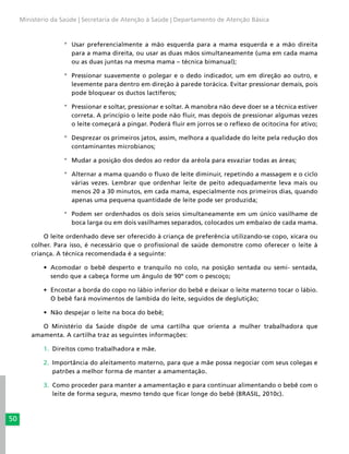 50
Ministério da Saúde | Secretaria de Atenção à Saúde | Departamento de Atenção Básica
°° Usar preferencialmente a mão esquerda para a mama esquerda e a mão direita
para a mama direita, ou usar as duas mãos simultaneamente (uma em cada mama
ou as duas juntas na mesma mama – técnica bimanual);
°° Pressionar suavemente o polegar e o dedo indicador, um em direção ao outro, e
levemente para dentro em direção à parede torácica. Evitar pressionar demais, pois
pode bloquear os ductos lactíferos;
°° Pressionar e soltar, pressionar e soltar. A manobra não deve doer se a técnica estiver
correta. A princípio o leite pode não fluir, mas depois de pressionar algumas vezes
o leite começará a pingar. Poderá fluir em jorros se o reflexo de ocitocina for ativo;
°° Desprezar os primeiros jatos, assim, melhora a qualidade do leite pela redução dos
contaminantes microbianos;
°° Mudar a posição dos dedos ao redor da aréola para esvaziar todas as áreas;
°° Alternar a mama quando o fluxo de leite diminuir, repetindo a massagem e o ciclo
várias vezes. Lembrar que ordenhar leite de peito adequadamente leva mais ou
menos 20 a 30 minutos, em cada mama, especialmente nos primeiros dias, quando
apenas uma pequena quantidade de leite pode ser produzida;
°° Podem ser ordenhados os dois seios simultaneamente em um único vasilhame de
boca larga ou em dois vasilhames separados, colocados um embaixo de cada mama.
O leite ordenhado deve ser oferecido à criança de preferência utilizando-se copo, xícara ou
colher. Para isso, é necessário que o profissional de saúde demonstre como oferecer o leite à
criança. A técnica recomendada é a seguinte:
•	 Acomodar o bebê desperto e tranquilo no colo, na posição sentada ou semi- sentada,
sendo que a cabeça forme um ângulo de 90º com o pescoço;
•	 Encostar a borda do copo no lábio inferior do bebê e deixar o leite materno tocar o lábio.
O bebê fará movimentos de lambida do leite, seguidos de deglutição;
•	 Não despejar o leite na boca do bebê;
O Ministério da Saúde dispõe de uma cartilha que orienta a mulher trabalhadora que
amamenta. A cartilha traz as seguintes informações:
1.	 Direitos como trabalhadora e mãe.
2.	 Importância do aleitamento materno, para que a mãe possa negociar com seus colegas e
patrões a melhor forma de manter a amamentação.
3.	 Como proceder para manter a amamentação e para continuar alimentando o bebê com o
leite de forma segura, mesmo tendo que ficar longe do bebê (BRASIL, 2010c).
 
