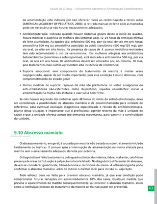 63
Saúde da Criança – Aleitamento Materno e Alimentação Complementar
da amamentação está indicada por não oferecer riscos ao recém-nascido a termo sadio
(AMERICAN ACADEMY OF PEDIATRICS, 2000). A retirada manual do leite após as mamadas
pode ser necessária se não houver esvaziamento adequado;
•	 Antibioticoterapia: indicada quando houver sintomas graves desde o início do quadro,
fissura mamilar e ausência de melhora dos sintomas após 12–24 horas da remoção efetiva
do leite acumulado. As opções são: cefalexina 500 mg, por via oral, de seis em seis horas;
amoxicilina 500 mg ou amoxicilina associada ao ácido clavulânico (500 mg/125 mg), por
via oral, de oito em oito horas. Na presença de cepas de S. aureus meticilina-resistentes
tem sido recomendado o uso da vancomicina. Em mulheres alérgicas aos antibióticos
betalactâmicos (penicilinas e cefalosporinas), está indicada a eritromicina 500 mg, por via
oral, de seis em seis horas. Os antibióticos devem ser utilizados por, no mínimo, 10 dias,
pois tratamentos mais curtos apresentam alta incidência de recorrência;
•	 Suporte emocional: esse componente do tratamento da mastite é muitas vezes
negligenciado, apesar de ser muito importante, pois essa condição é muito dolorosa, com
comprometimento do estado geral;
•	 Outras medidas de suporte: repouso da mãe (de preferência no leito); analgésicos ou
anti-inflamatórios não-esteroides, como ibuprofeno; líquidos abundantes; iniciar a
amamentação na mama não afetada; e usar sutiã bem firme.
Se não houver regressão dos sintomas após 48 horas do início da antiobioticoterapia, deve
ser considerada a possibilidade de abscesso mamário e de encaminhamento para unidade de
referência, para eventual avaliação diagnóstica especializada e revisão da antibioticoterapia.
Diante dessa situação, é importante que o profissional agende retorno da mãe à unidade de
saúde e que a unidade ofereça acesso sob demanda espontânea, para garantir a continuidade
do cuidado.
9.10 Abscesso mamário
O abscesso mamário, em geral, é causado por mastite não tratada ou com tratamento iniciado
tardiamente ou ineficaz. É comum após a interrupção da amamentação na mama afetada pela
mastite sem o esvaziamento adequado do leite por ordenha.
O diagnóstico é feito basicamente pelo quadro clínico: dor intensa, febre, mal-estar, calafrios e
presença de áreas de flutuação à palpação no local afetado. No diagnóstico diferencial do abscesso,
devem-se considerar galactocele, fibroadenoma e carcinoma da mama. A ultrassonografia pode
confirmar o abscesso mamário, além de indicar o melhor local para incisão ou aspiração.
Todo esforço deve ser feito para prevenir abscesso mamário, já que essa condição pode
comprometer futuras lactações em aproximadamente 10% dos casos. Qualquer medida que
previna o aparecimento de mastite consequentemente vai prevenir o abscesso mamário, assim
como a instituição precoce do tratamento da mastite se ela não puder ser prevenida.
 