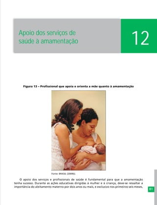 81
Figura 13 – Profissional que apoia e orienta a mãe quanto à amamentação
Fonte: BRASIL (2009b).
O apoio dos serviços e profissionais de saúde é fundamental para que a amamentação
tenha sucesso. Durante as ações educativas dirigidas à mulher e à criança, deve-se ressaltar a
importância do aleitamento materno por dois anos ou mais, e exclusivo nos primeiros seis meses,
12Apoio dos serviços de
saúde à amamentação
 