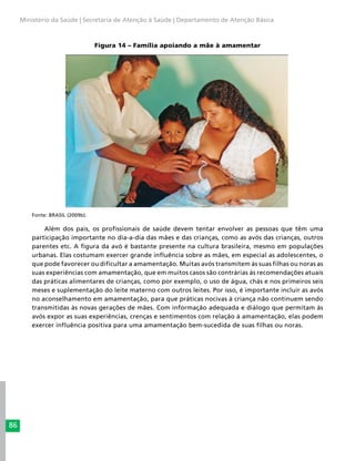 86
Ministério da Saúde | Secretaria de Atenção à Saúde | Departamento de Atenção Básica
Figura 14 – Família apoiando a mãe à amamentar
	
Fonte: BRASIL (2009b).
Além dos pais, os profissionais de saúde devem tentar envolver as pessoas que têm uma
participação importante no dia-a-dia das mães e das crianças, como as avós das crianças, outros
parentes etc. A figura da avó é bastante presente na cultura brasileira, mesmo em populações
urbanas. Elas costumam exercer grande influência sobre as mães, em especial as adolescentes, o
que pode favorecer ou dificultar a amamentação. Muitas avós transmitem às suas filhas ou noras as
suas experiências com amamentação, que em muitos casos são contrárias às recomendações atuais
das práticas alimentares de crianças, como por exemplo, o uso de água, chás e nos primeiros seis
meses e suplementação do leite materno com outros leites. Por isso, é importante incluir as avós
no aconselhamento em amamentação, para que práticas nocivas à criança não continuem sendo
transmitidas às novas gerações de mães. Com informação adequada e diálogo que permitam às
avós expor as suas experiências, crenças e sentimentos com relação à amamentação, elas podem
exercer influência positiva para uma amamentação bem-sucedida de suas filhas ou noras.
 