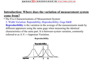 Introduction: Where does the variation of measurement system
come from?
• The Five Characterizations of Measurement System:
2. Width Variation: Repeatability; Reproducibility; Gage R&R
Reproducibility is the variation in the average of the measurements made by
different appraisers using the same gage when measuring the identical
characteristics of the same part. It is between-system variation, commonly
referred to as A.V.---Appraiser Variation.
Reproducibility
 