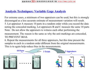 For extreme cases, a minimum of two appraisers can be used, but this is strongly
discouraged as a less accurate estimate of measurement variation will result.
5. Let appraiser A measure 10 parts in a random order while you record the data
noting the concealed marking. Let appraisers B and C measure the same 10 parts
Note: Do not allow the appraisers to witness each other performing the
measurement. The reason is the same as why the unit markings are concealed,
TO PREVENT BIAS.
6. Repeat the measurements for all three appraisers, but this time present the
samples to each in a random order different from the original measurements.
This is to again help reduce bias in the measurements.
Analysis Techniques: Variable Gage Analysis
……
10 Parts 3 Appraisers
3 Trials
 