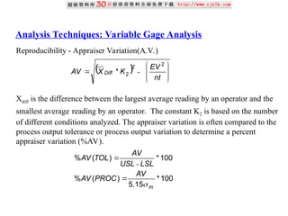 Analysis Techniques: Variable Gage Analysis
Reproducibility - Appraiser Variation(A.V.)
Xdiff is the difference between the largest average reading by an operator and the
smallest average reading by an operator. The constant K2 is based on the number
of different conditions analyzed. The appraiser variation is often compared to the
process output tolerance or process output variation to determine a percent
appraiser variation (%AV).
  








nt
EV
K
X
AV Diff
2
2
2
* -
100
*
15
.
5
)
(
%
100
*
)
(
%
m
AV
PROC
AV
LSL
USL
AV
TOL
AV



-
 