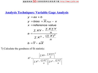 Analysis Techniques: Variable Gage Analysis
X
a
Y
b
n
X
X
n
Y
X
XY
a
x
x
X
bias
y
b
ax
y
Part






 








2
2 )
(
value
reference
7) Calculate the goodness of fit statistic:





























 


n
Y
Y
n
X
X
n
Y
X
XY
R
2
2
2
2
2
2
)
(
)
(
 