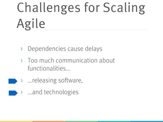 Challenges for Scaling
Agile
> Dependencies cause delays
> Too much communication about
functionalities...
> ...releasing software,
> ...and technologies
 