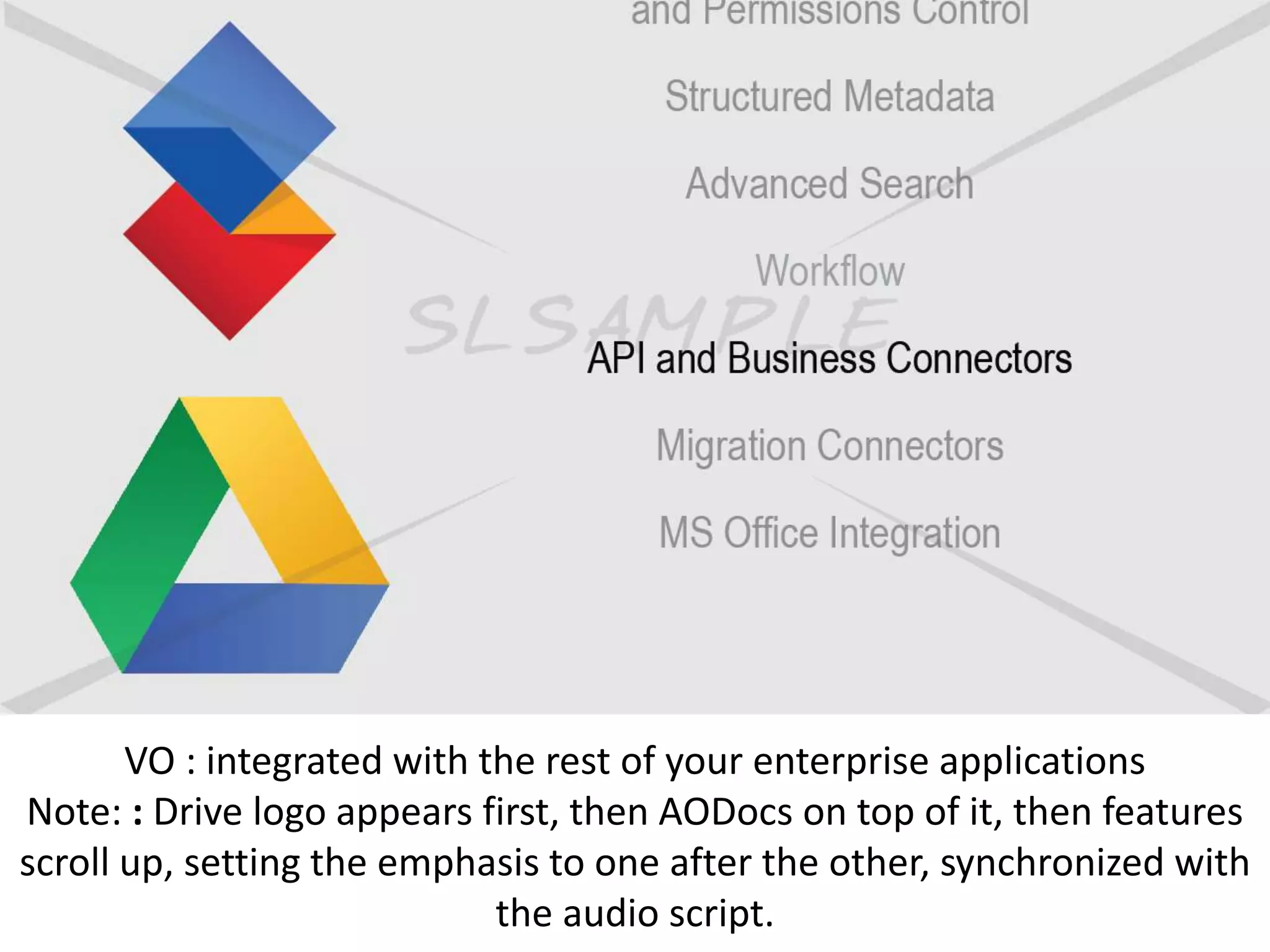 VO : integrated with the rest of your enterprise applications
Note: : Drive logo appears first, then AODocs on top of it, then features
scroll up, setting the emphasis to one after the other, synchronized with
the audio script.
 