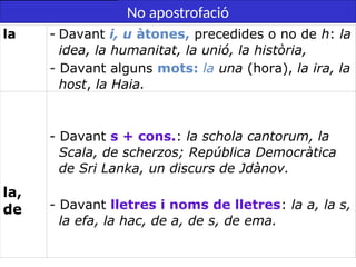 No apostrofació
la - Davant i, u àtones, precedides o no de h: la
idea, la humanitat, la unió, la història,
- Davant alguns mots: la una (hora), la ira, la
host, la Haia.
la,
de
- Davant s + cons.: la schola cantorum, la
Scala, de scherzos; República Democràtica
de Sri Lanka, un discurs de Jdànov.
- Davant lletres i noms de lletres: la a, la s,
la efa, la hac, de a, de s, de ema.
 